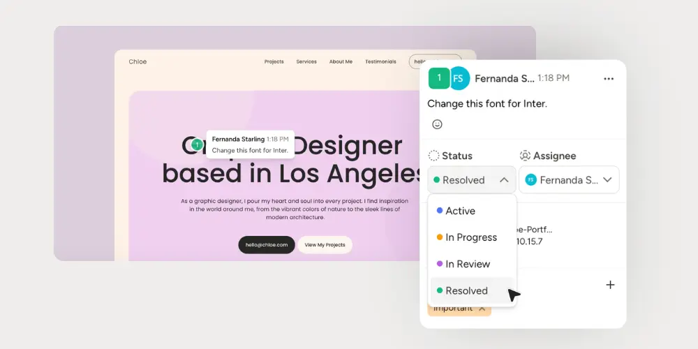 Website design mockup with a comment panel showing a font change request and status options.