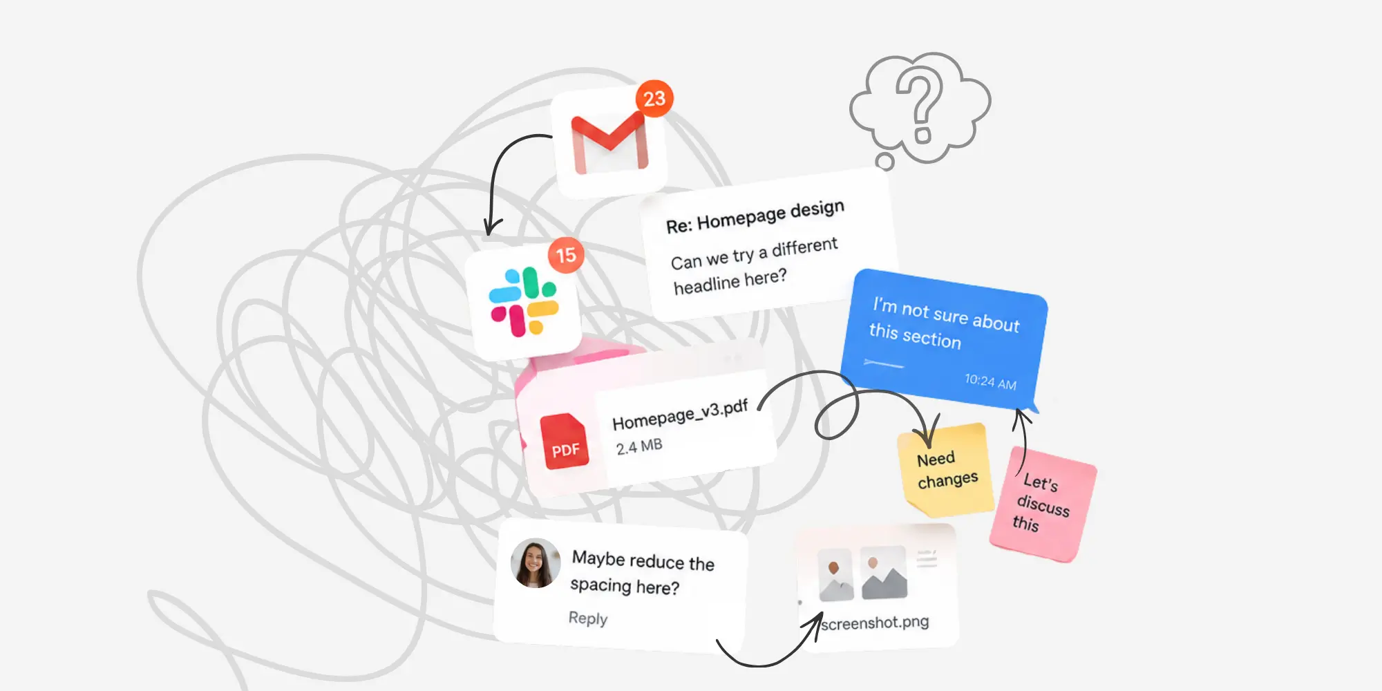 Illustration of feedback spreading across email, Slack, PDFs, screenshots, and comments, representing the problem a client feedback tool solves.