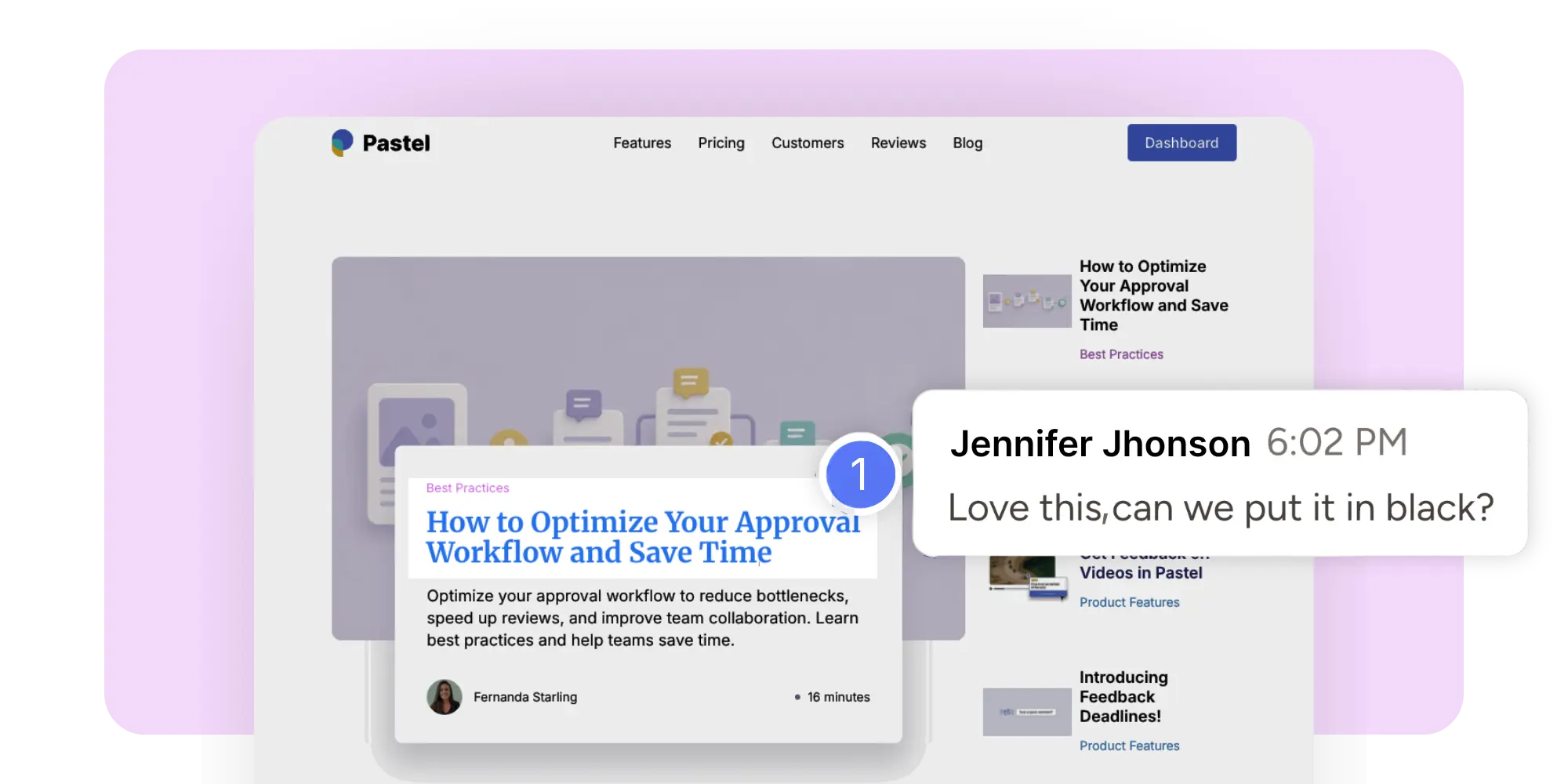 Website review interface with an inline comment from Jennifer Jhonson asking to change the headline color to black in a client feedback tool