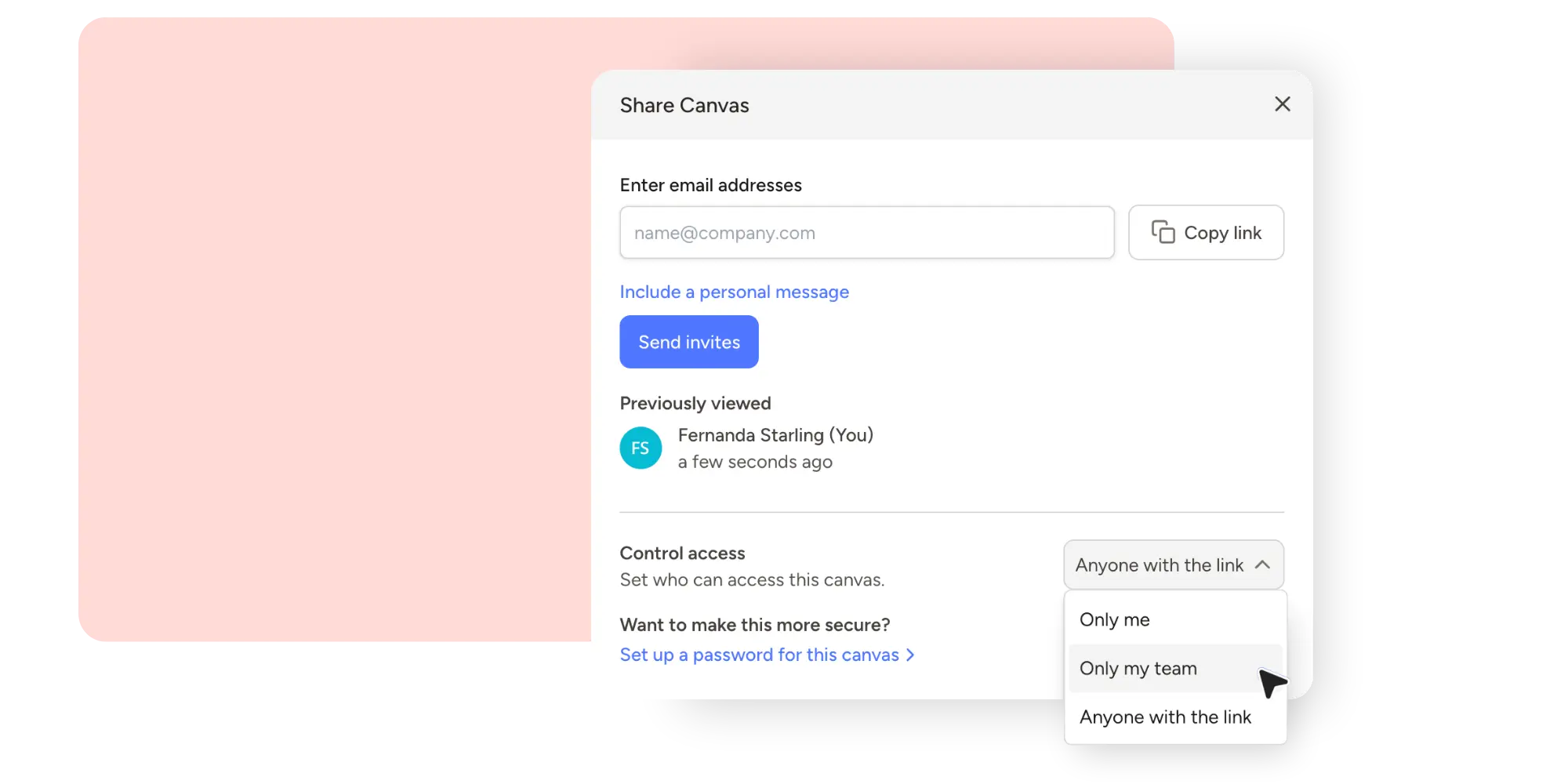 Share dialog for a client feedback tool showing email invites, copy link, and access control settings for collaboration