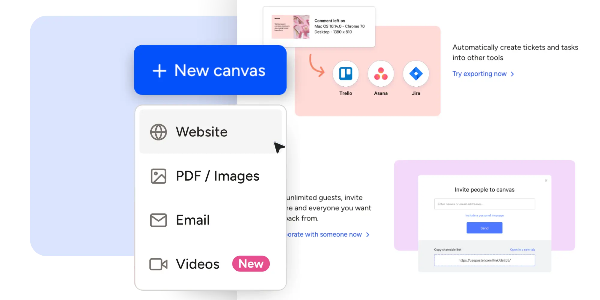 Interface showing a client feedback tool creating a new canvas for website, PDF/images, email, and video reviews.