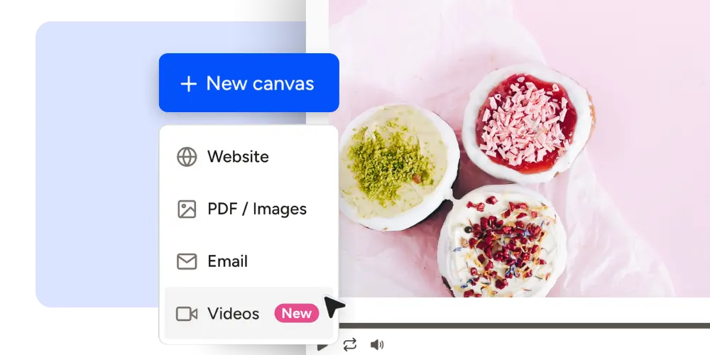 Pastel's new canvas menu showing website, PDF, email, and video options in one workflow