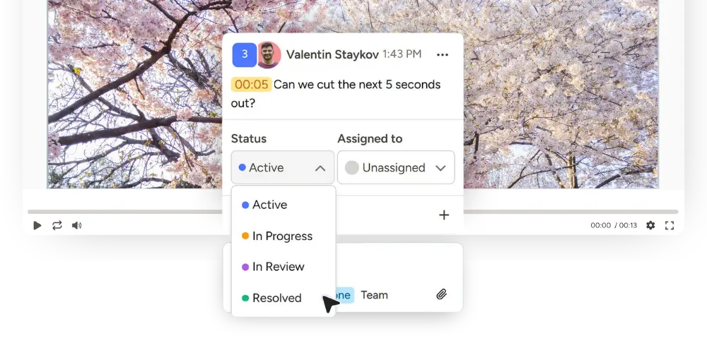 Video feedback status dropdown showing active, in progress, in review, and resolved options