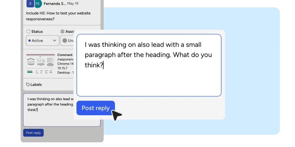Threaded reply on a website feedback comment, with status, assignee, and metadata shown alongside