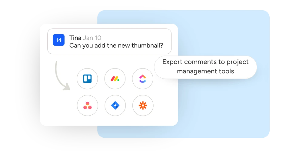 Comment thread with an arrow pointing to project management tool icons for exporting feedback