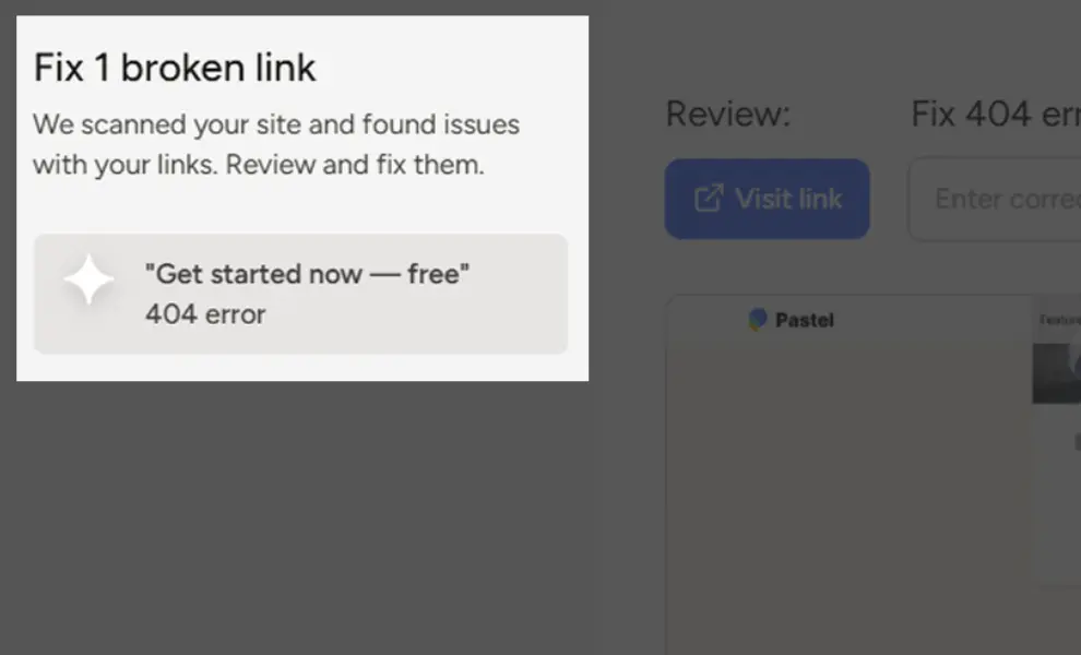 August feature roundup in Pastel showing a scan result with one broken link and a 404 error to fix