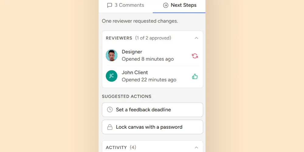 Pastel Next Steps tab showing reviewer status, one of two approvals, and suggested actions like setting a feedback deadline