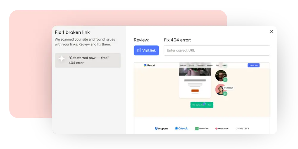 Pastel canvas scanner flagging a broken link on a website canvas with a field to enter the correct URL