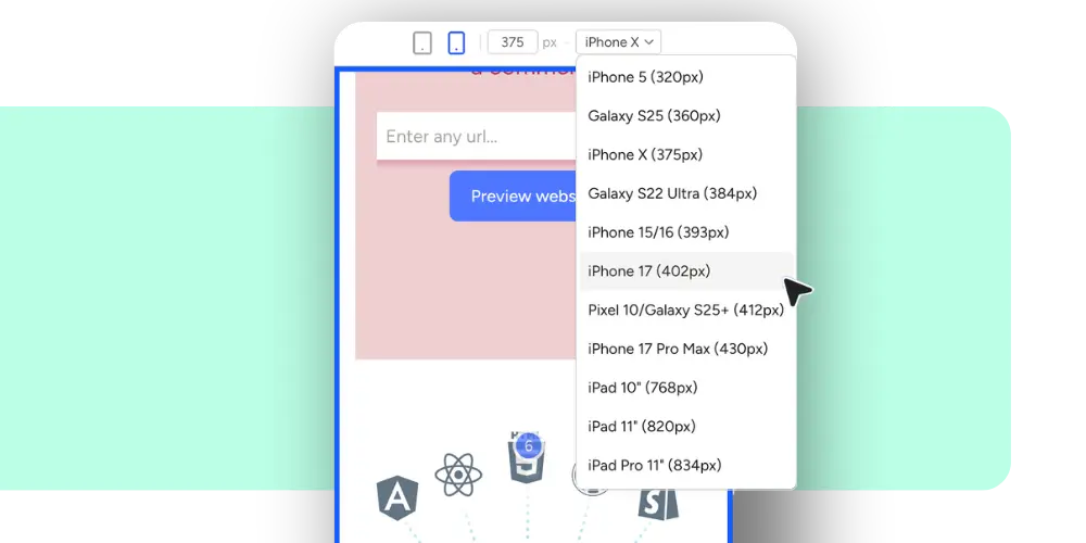 Pastel Responsive View device menu listing preset widths from iPhone 5 at 320px to iPad Pro 11 inch at 834px