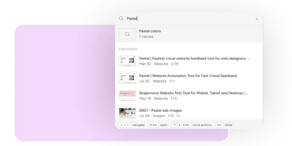Global search on the Pastel dashboard returning canvases matched by name with dates, types, and comment counts