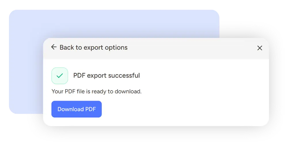 Pastel export modal confirming a successful PDF export with a Download PDF button