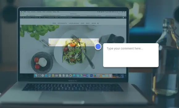 A laptop showing a live website with a Pastel comment pin and open comment box on the page
