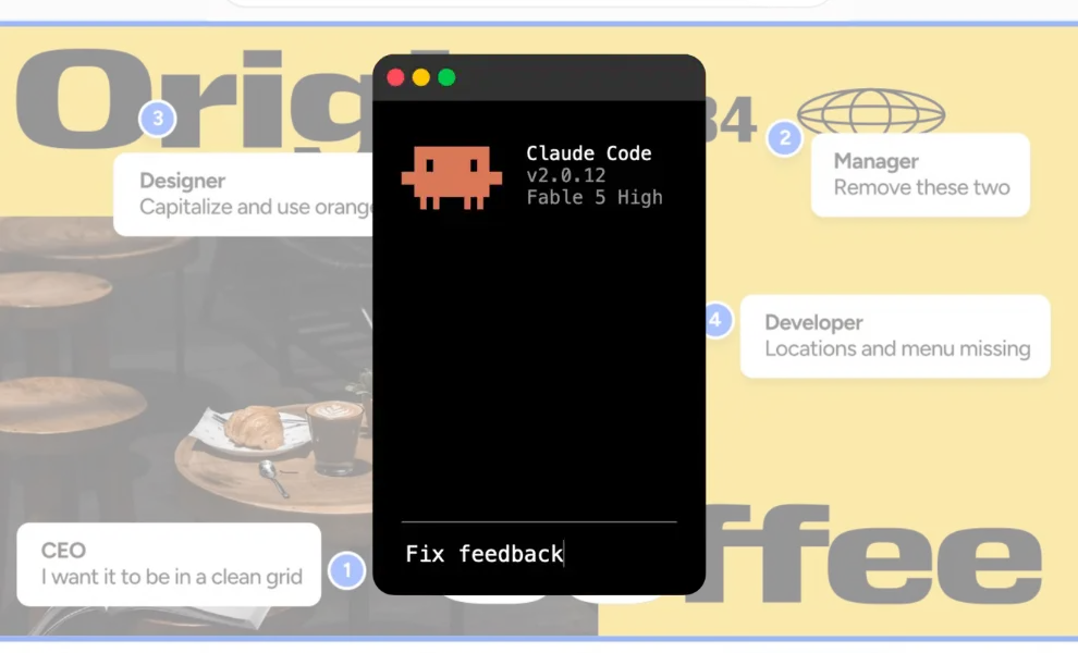 Claude Code terminal with the prompt "Fix feedback" open over a Pastel canvas showing four pinned client comments from a CEO, designer, manager, and developer