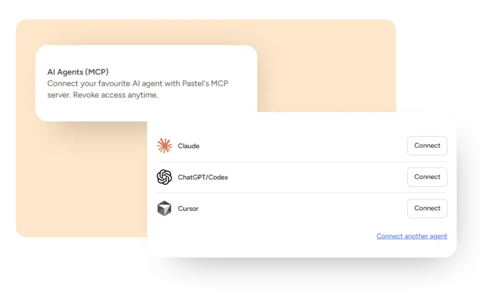 Pastel settings panel for AI Agents (MCP) with Connect buttons for Claude, ChatGPT/Codex, and Cursor