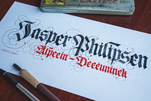 6x12" custom nameplates written in varied heights of modern Fraktur calligraphy. Names of specific professional cyclists as well as an amateur cycling club.