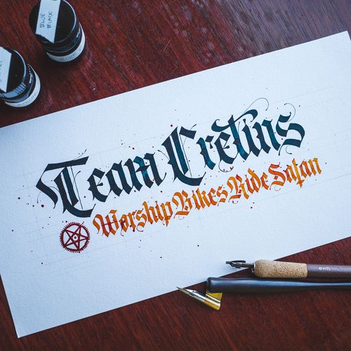 6x12" custom nameplates written in varied heights of modern Fraktur calligraphy. Names of specific professional cyclists as well as an amateur cycling club.