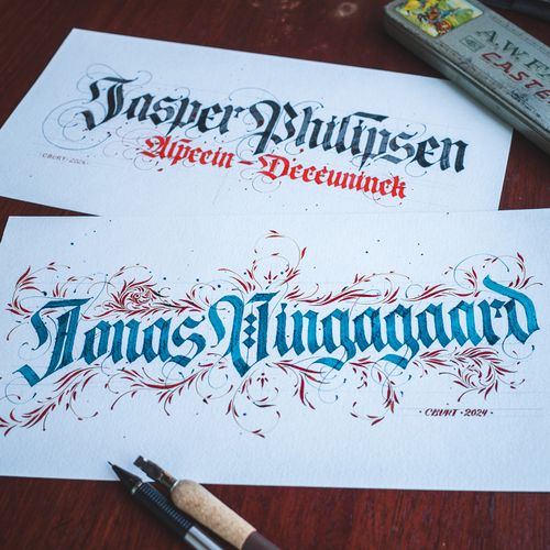 6x12" custom nameplates written in varied heights of modern Fraktur calligraphy. Names of specific professional cyclists as well as an amateur cycling club.