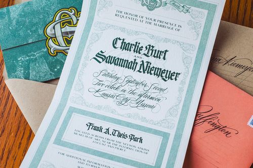 Wedding invitation and envelope calligraphy, layout, and design.