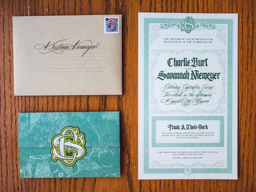 Wedding invitation and envelope calligraphy, layout, and design.