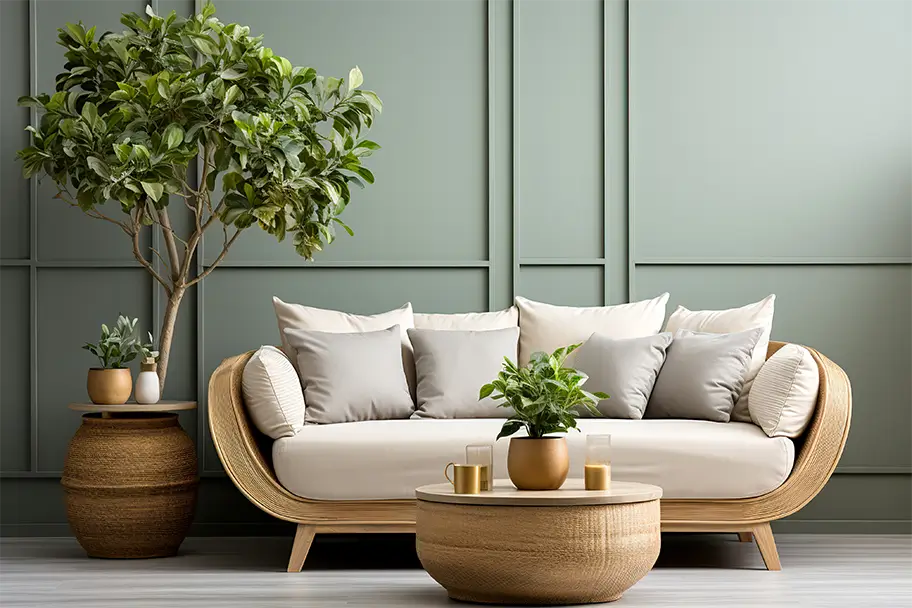 Modern minimalist living room design featuring a curved wooden sofa with beige cushions, a round wooden coffee table, indoor green plants, and a serene green wall paneling background.