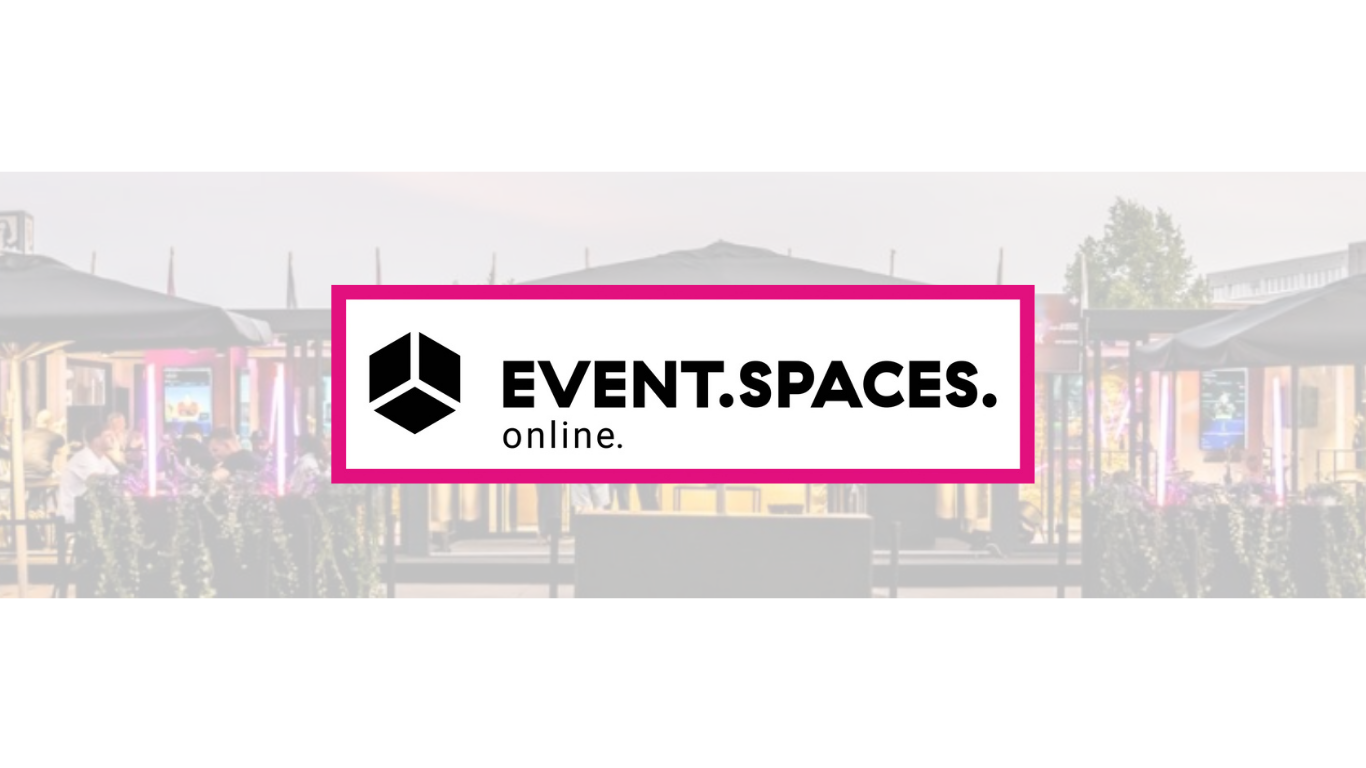 Logo von EVENT.SPACES.online – Marktplatz für Eventcontainer und modulare Eventarchitektur vor einem dezenten Hintergrund einer Eventlocation.“