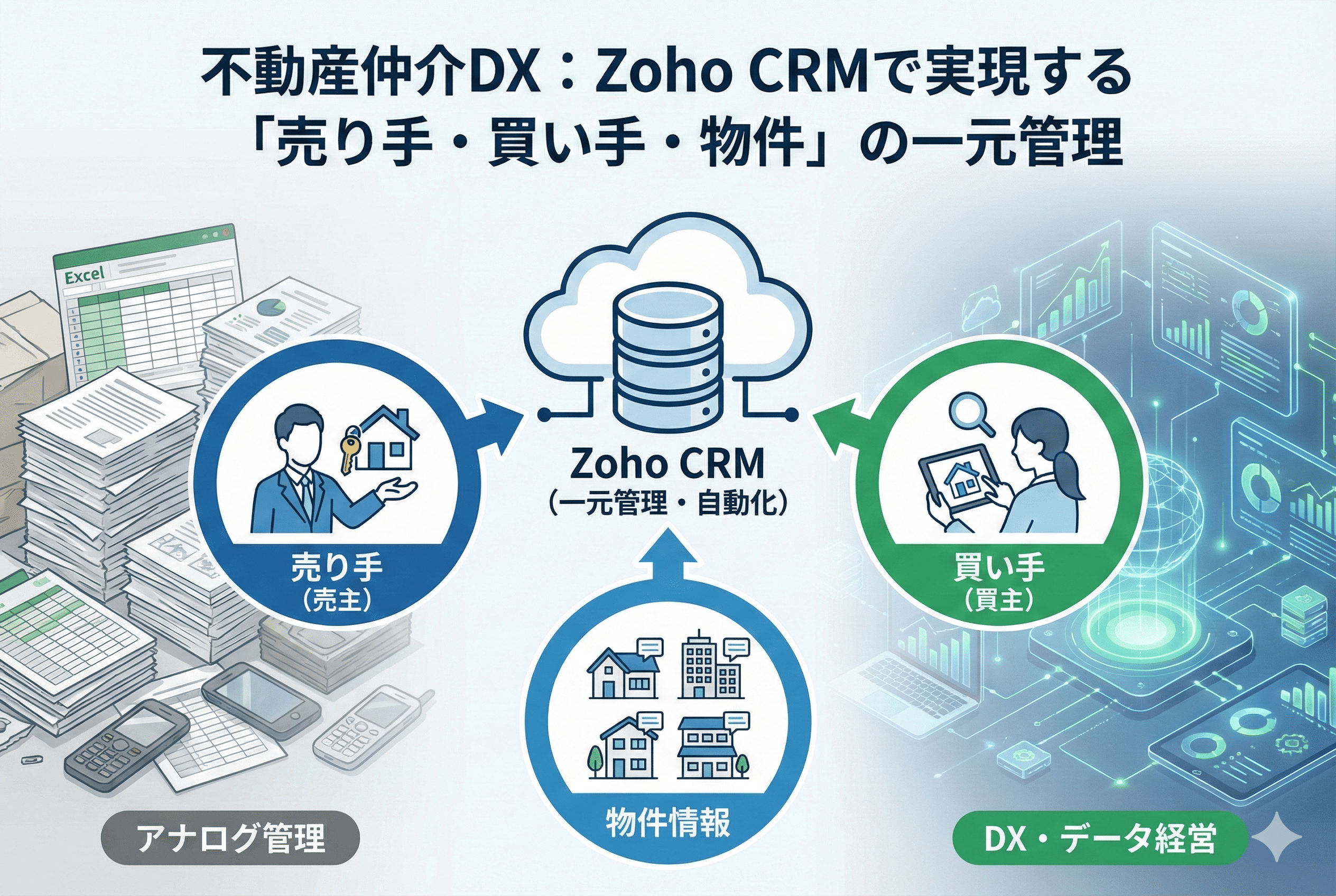 【不動産仲介DX】Zoho CRMで実現する「売り手・買い手・物件」の一元管理と自動化｜脱アナログ・データ経営へ