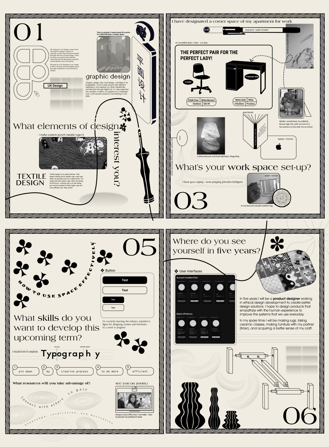 Four posters with black text and illustrations on a cream background that answer the questions: What elements of design interest you? What is your work set-up? What skills do you want to develop this term? Where do you see yourself in five years?