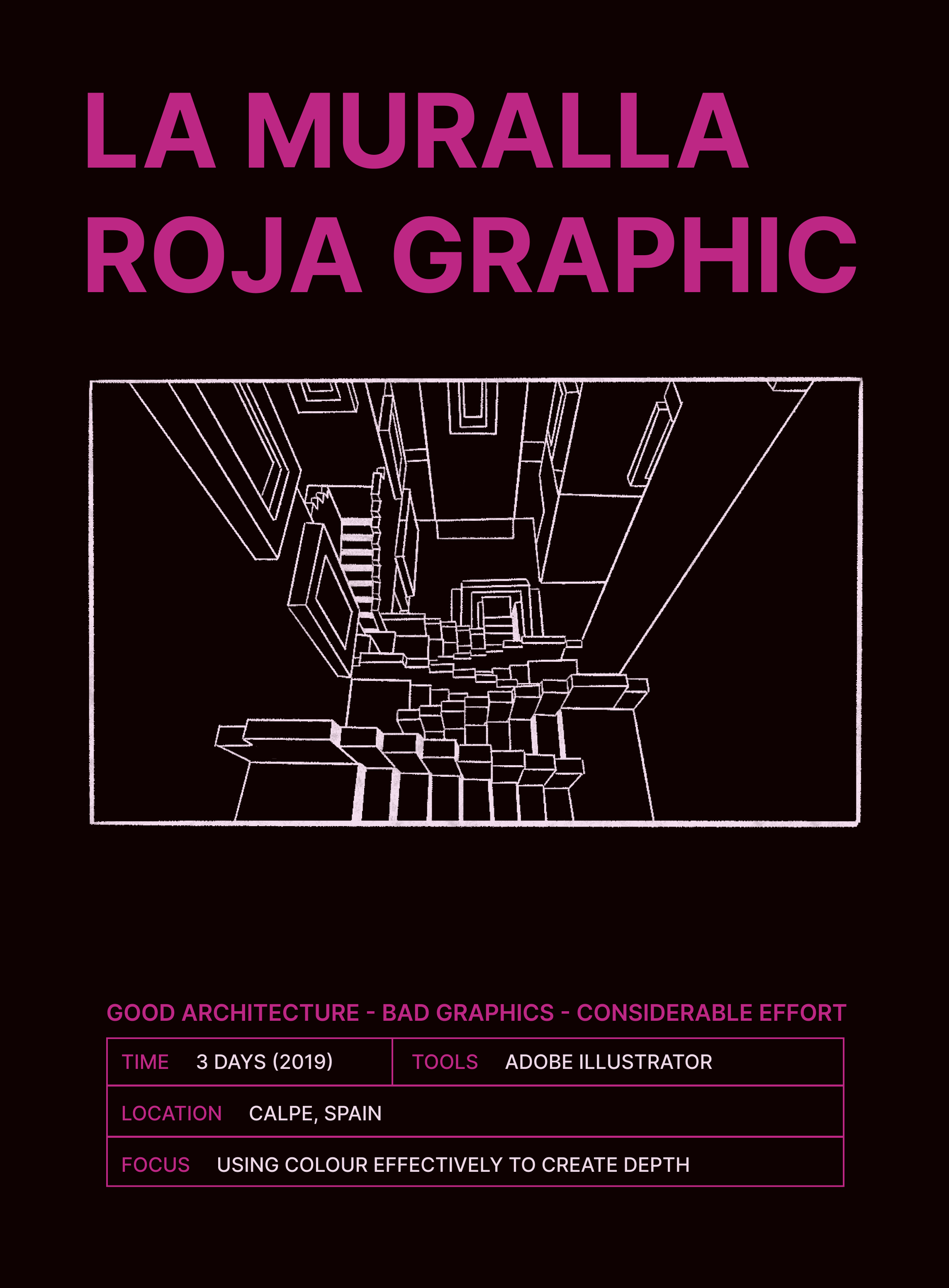 A black poster with magenta text and illustration of la Muralla Roja