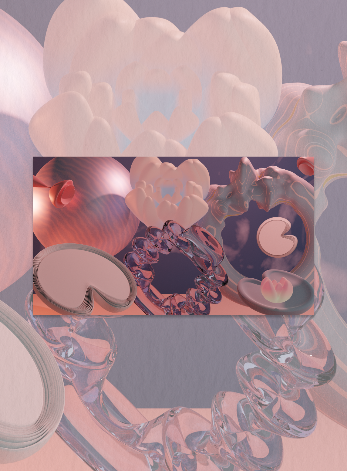 An image of a 3d modelled animation with a lotus, lily pad and various other solids in pinks and purples