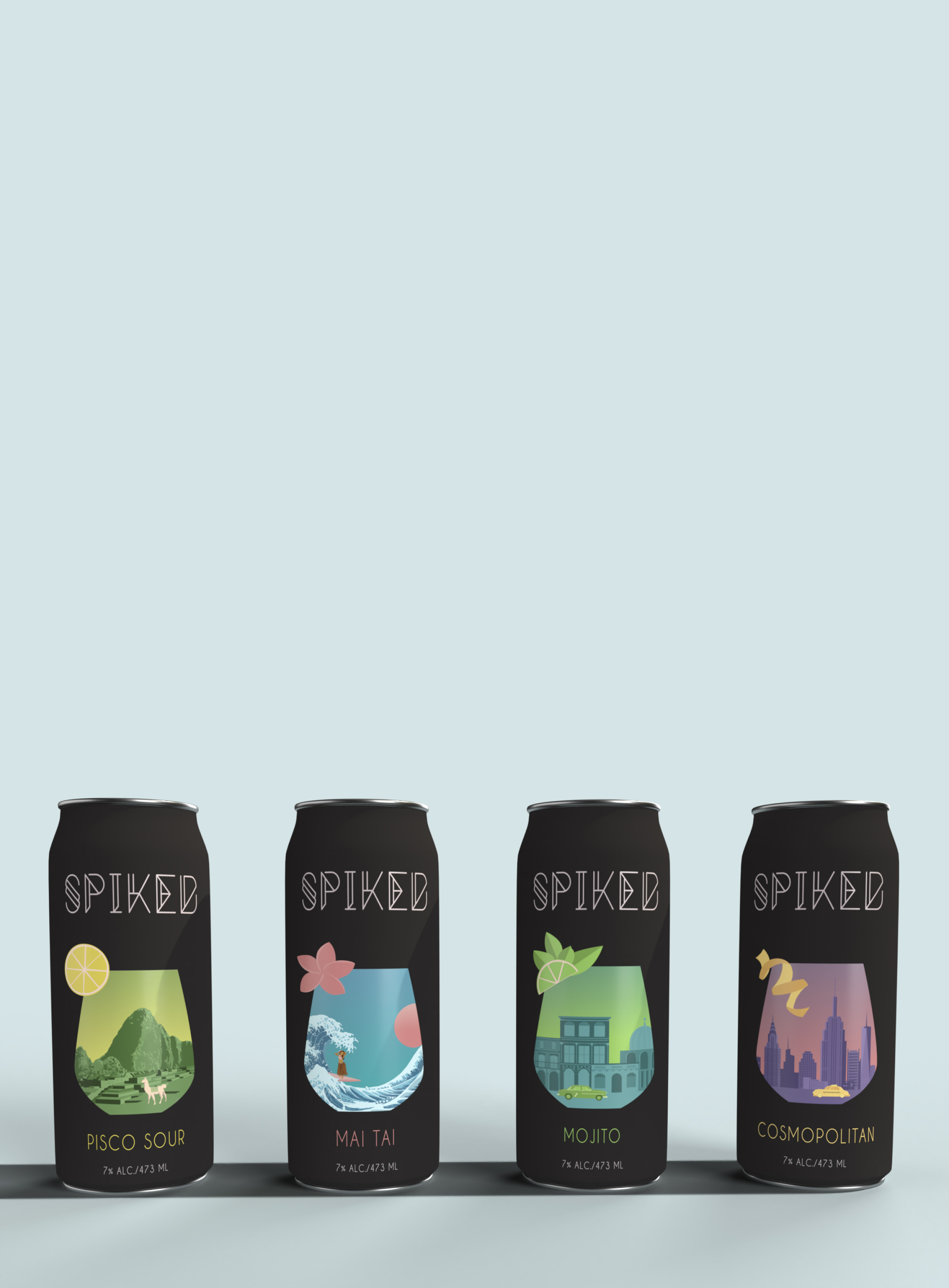 An image of four cocktails-in-a-can on a blue background