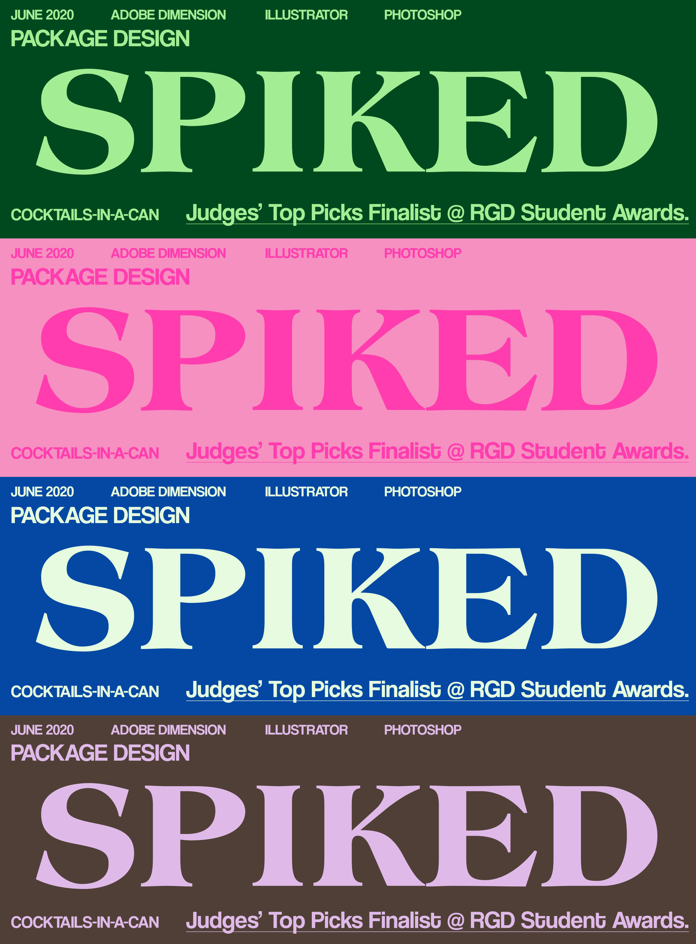 A poster divided into four rows with the text "Spiked" describing the cocktails-in-a-can