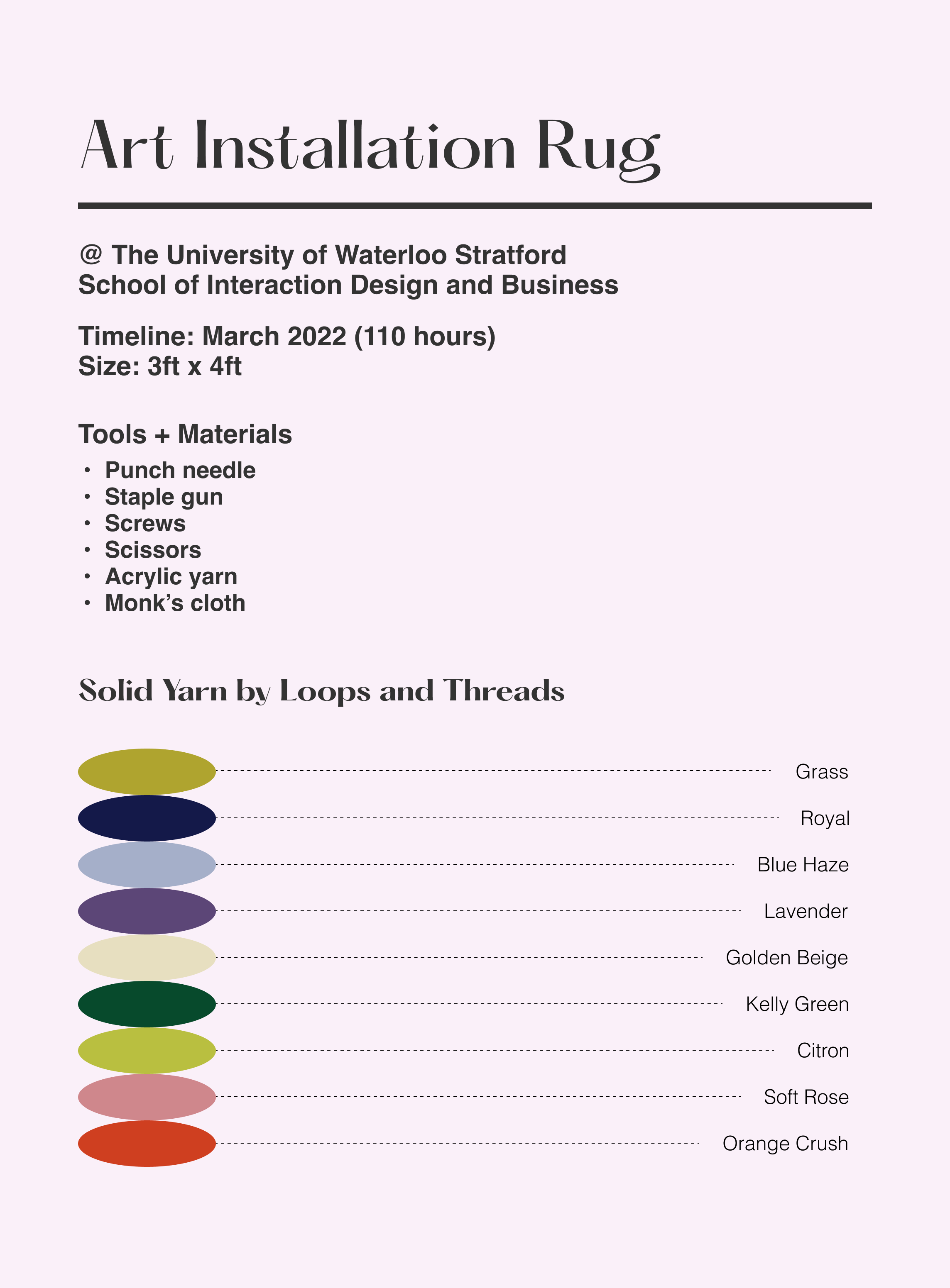 A white poster with black text that describes the 3' by 4' rug