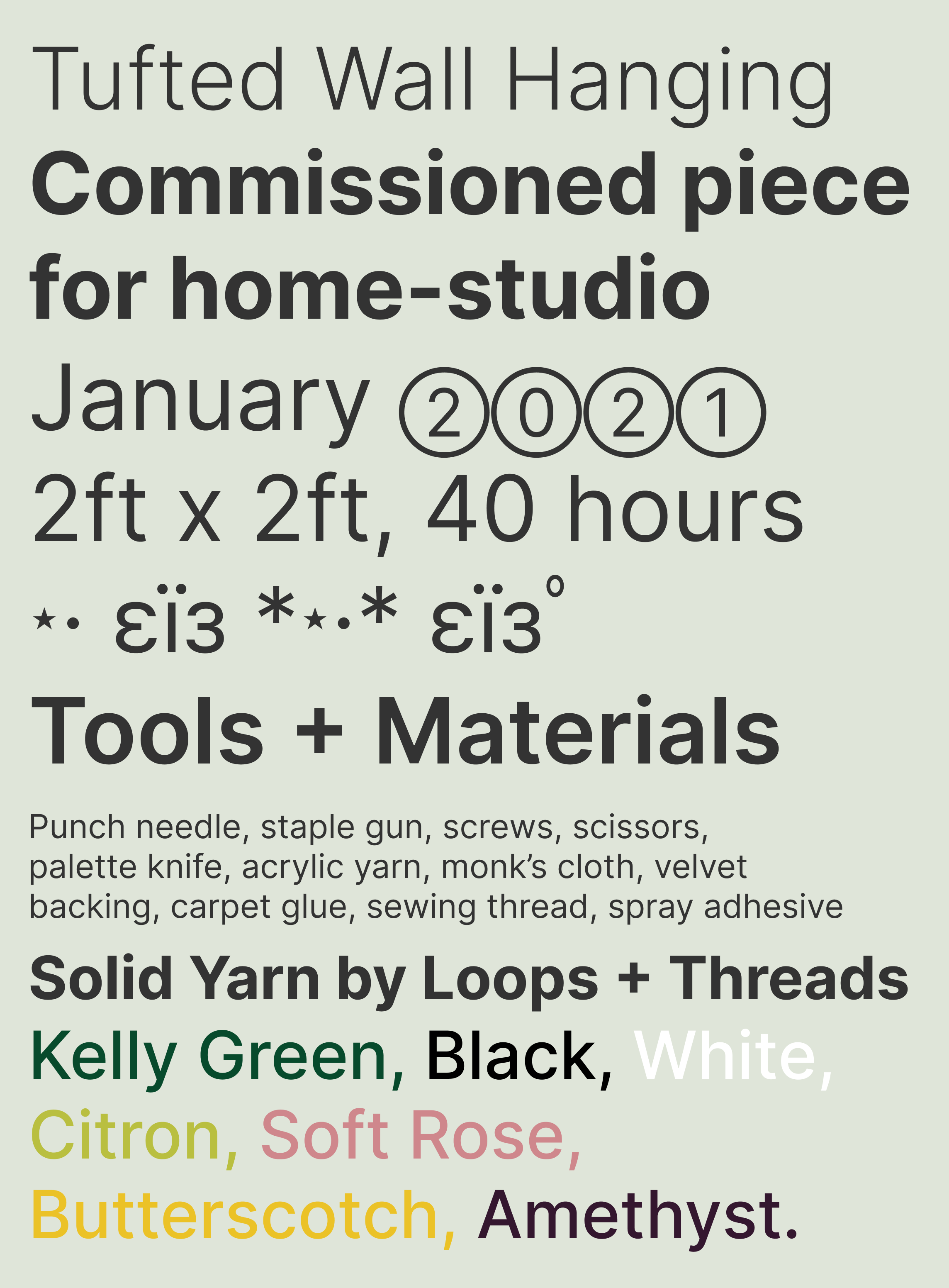 A seafoam green poster describing the tufted wall hanging