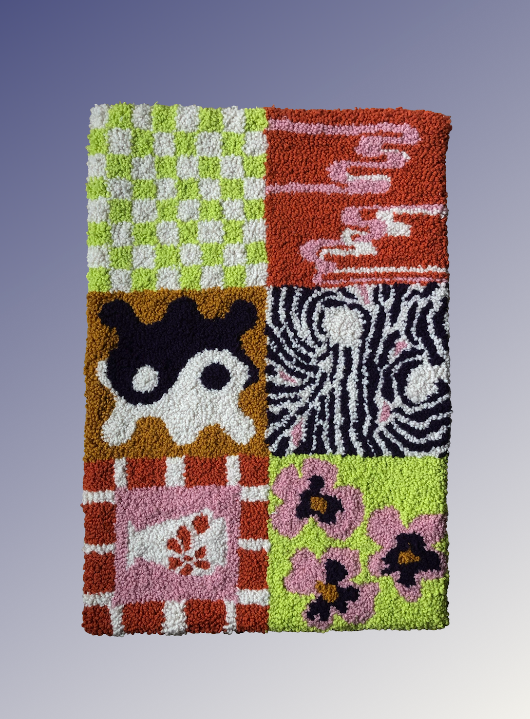 An image of a six-paneled rug with a different pastel design in each square