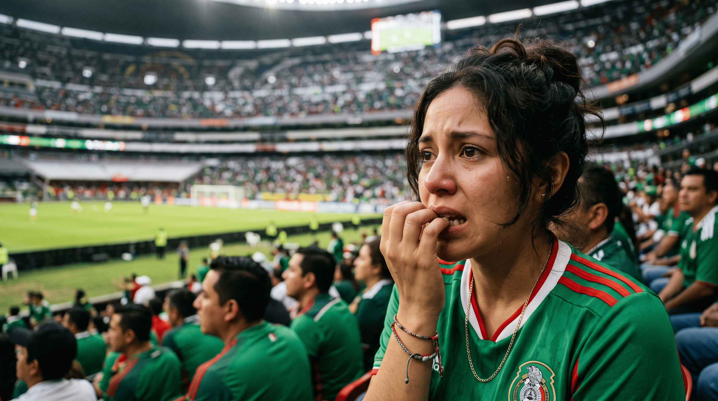 mujer mordiendose las uñas en estadio viendo futbol