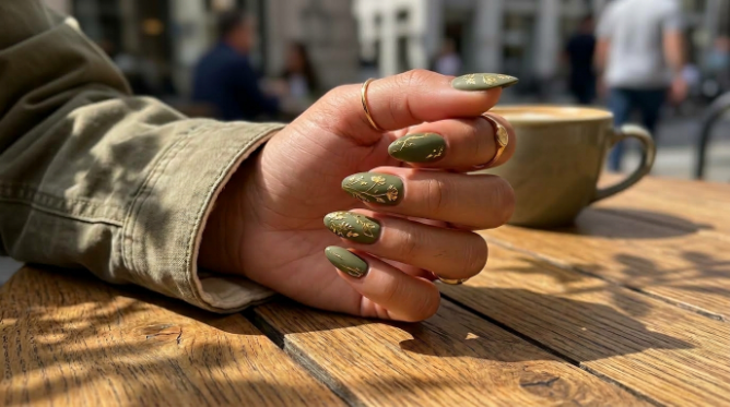 uñas verde oliva gold