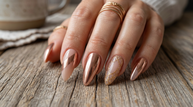 Uñas golden con base nude tendencia otoño 2026