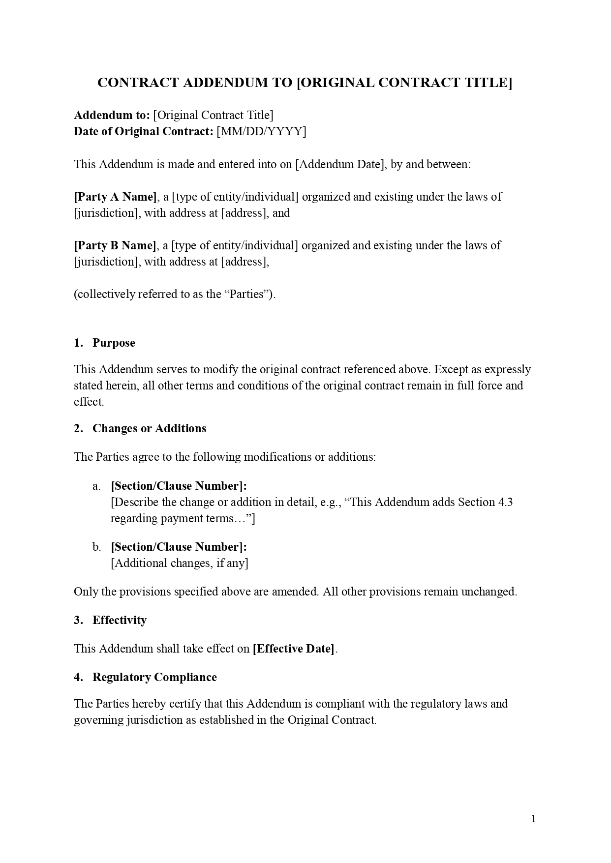 A visual preview of a professional contract addendum template sample, page 1. The document features standard legal clauses formatted with placeholders for the title, date, party names, and jurisdictions. It details numbered sections for the Purpose, Changes or Additions with structured bullet points for section/clause numbers, Effectivity date, and a Regulatory Compliance clause.