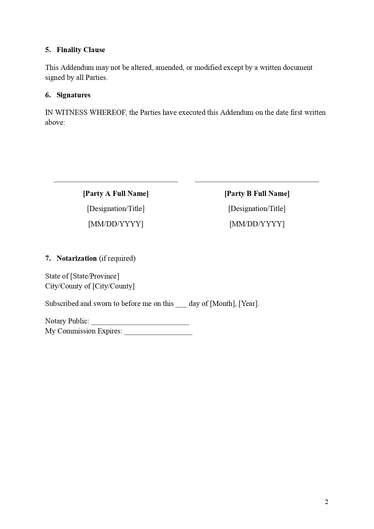 A visual preview of a professional contract addendum template sample, page 2. The document displays a numbered Finality Clause, followed by a formal Signatures block featuring side-by-side execution lines with placeholders for full names, designations, and dates for Party A and Party B. The bottom section includes a standard legal Notarization block with fields for the State, Province, City, County, and a Notary Public signature line with a commission expiration field.