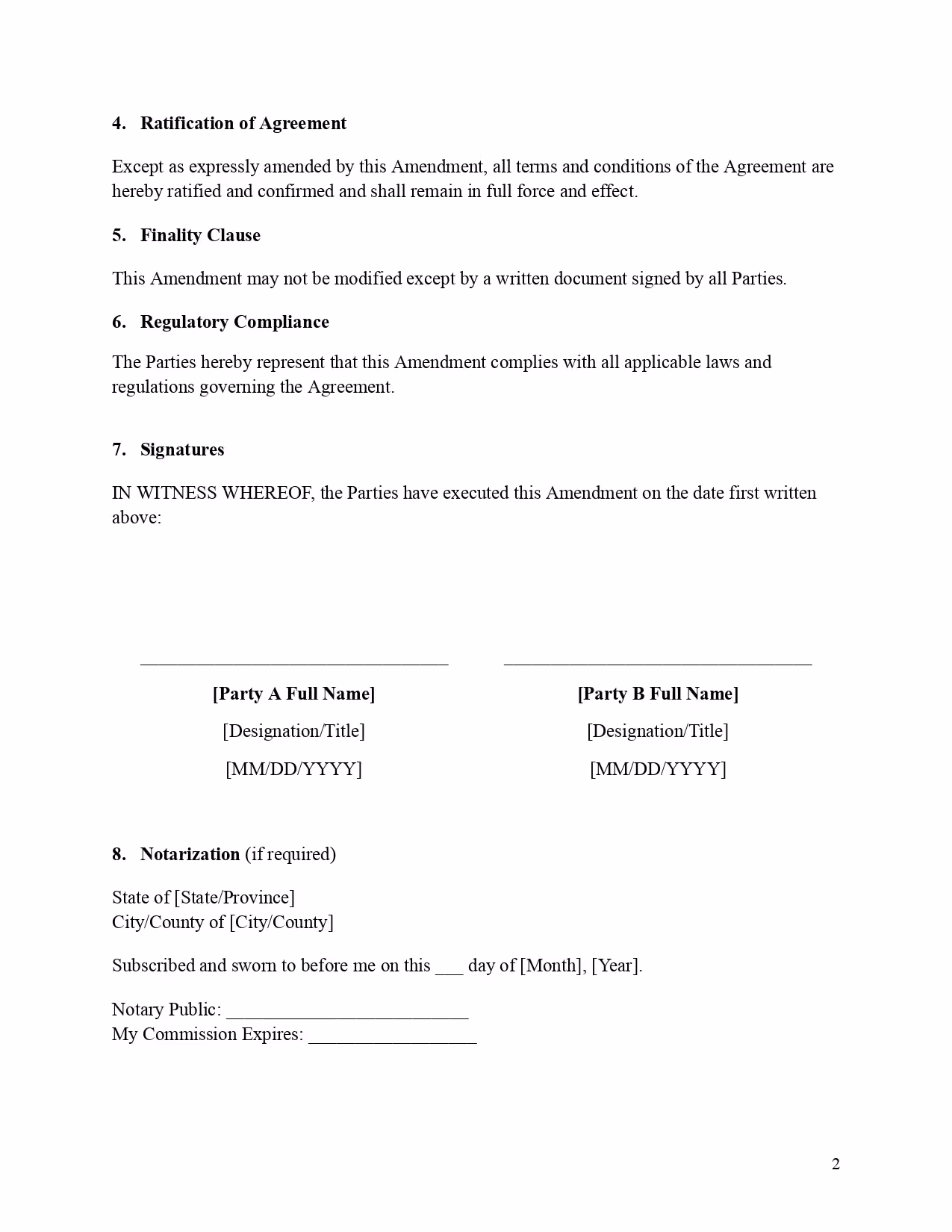 A visual preview of a contract amendment template, page 2. The document continues with numbered legal boilerplate, including a "4. Ratification of Agreement" clause, a "5. Finality Clause", and a "6. Regulatory Compliance" statement. A formal "7. Signatures" block features side-by-side execution lines for Party A and Party B, with placeholders for names, titles, and dates. The bottom section includes a standard "8. Notarization" block with fields for the state, county, and notary details, all formatted for a standard legal page.