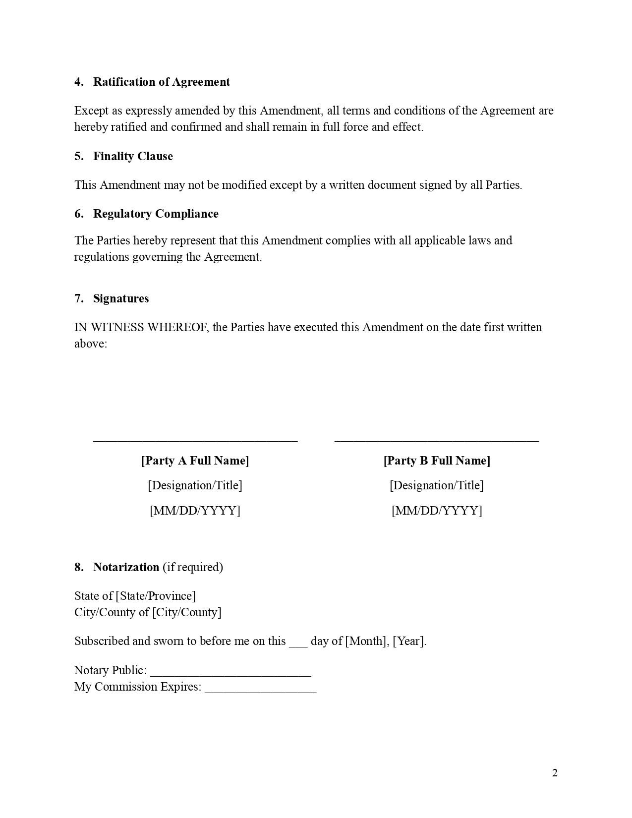 A visual preview of a contract amendment template, page 2. The document continues with numbered legal boilerplate, including a "4. Ratification of Agreement" clause, a "5. Finality Clause", and a "6. Regulatory Compliance" statement. A formal "7. Signatures" block features side-by-side execution lines for Party A and Party B, with placeholders for names, titles, and dates. The bottom section includes a standard "8. Notarization" block with fields for the state, county, and notary details, all formatted for a standard legal page.