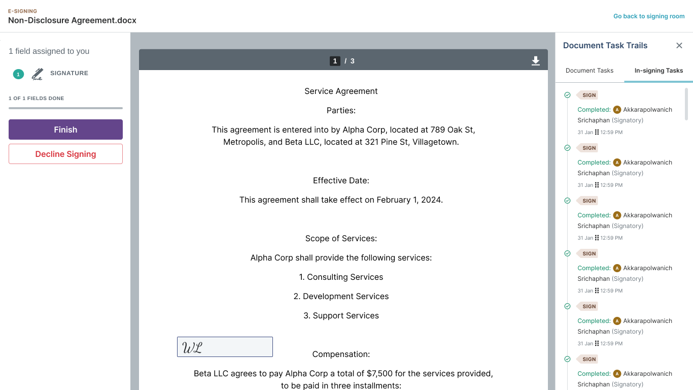 Digital signing platform interface showing an executed contract and an automated document task trail sidebar displaying completed signature milestones