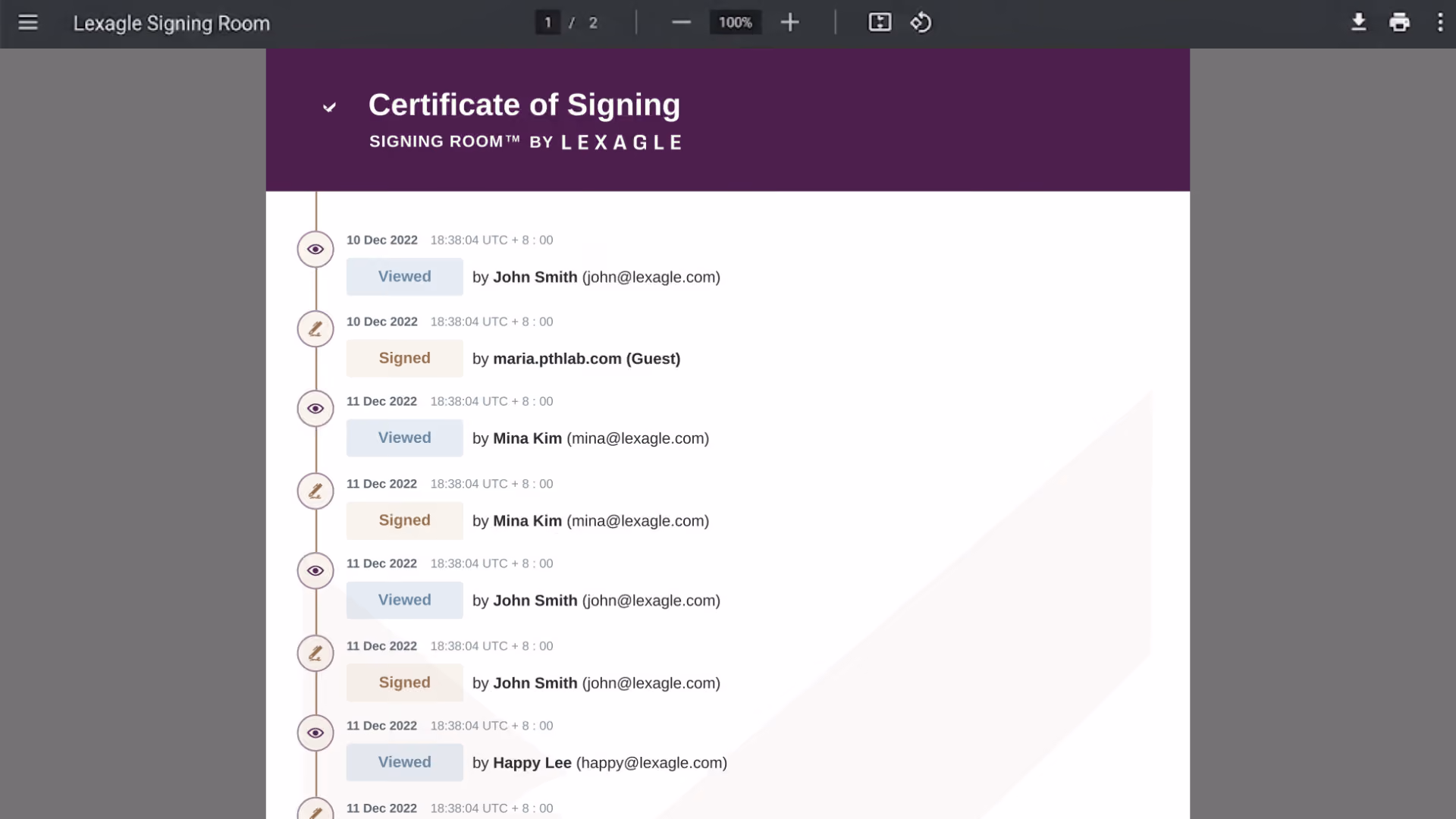 A digital certificate of signing displaying a chronological, tamper-evident audit trail with time-stamped document viewing and signature milestones