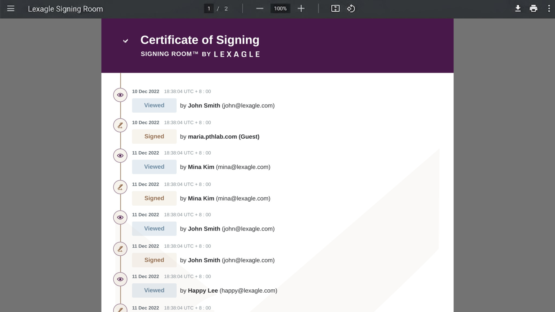 A digital certificate of signing displaying a chronological, tamper-evident audit trail with time-stamped document viewing and signature milestones