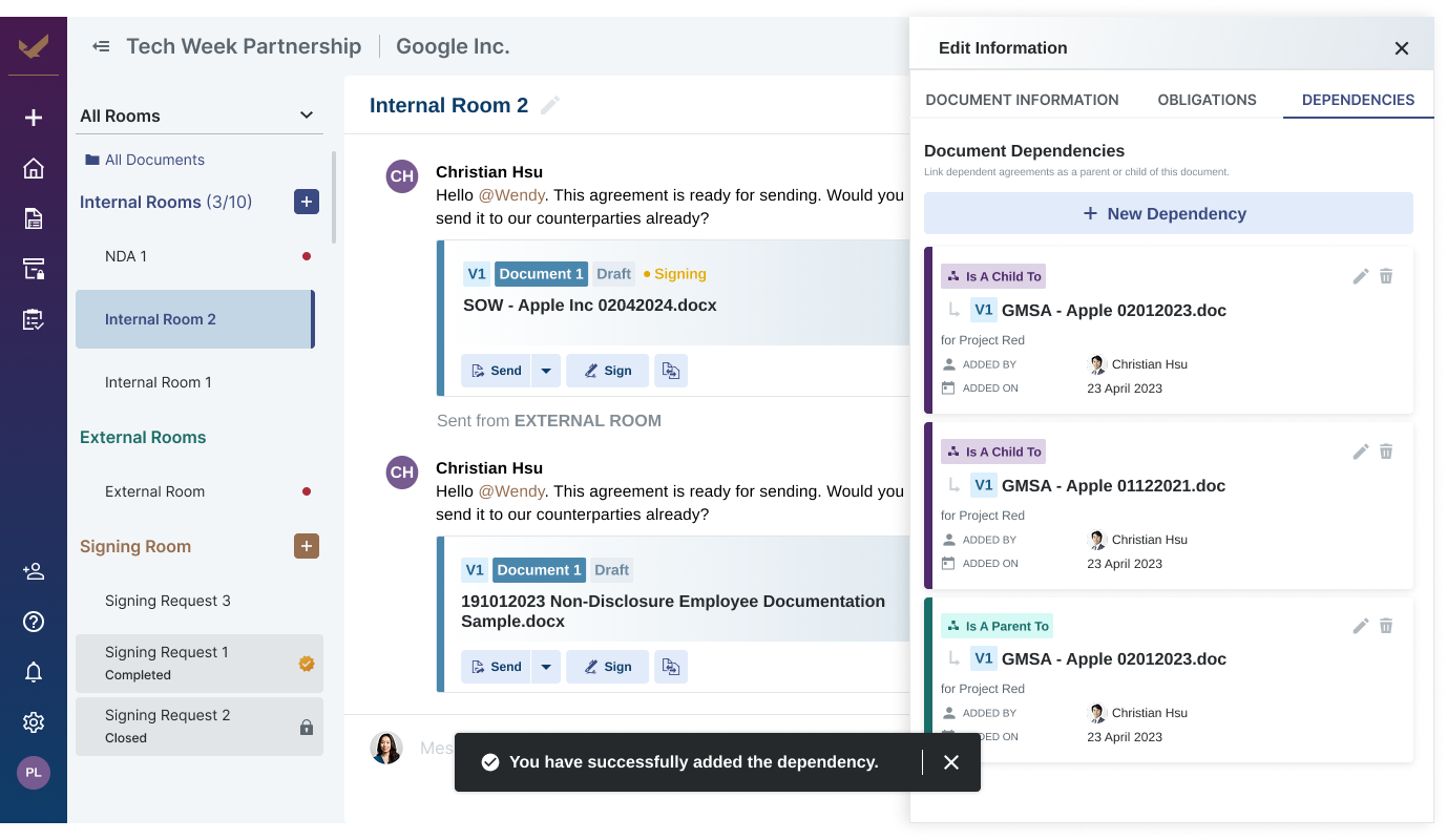 A screenshot of a digital contract management platform interface showing a 'Document Dependencies' side panel. The panel displays options to link agreements as a parent or child document, showing examples like 'GMSA - Apple 02012023.doc' labeled as 'Is A Child To' and 'Is A Parent To