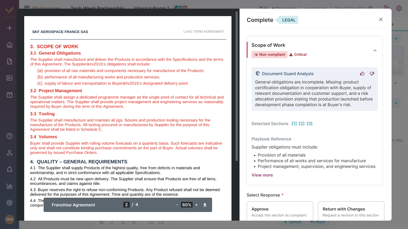 A screenshot of Lexagle's Document Guard interface performing a general compliance analysis on an agreement. The platform automatically flags a 'Scope of Work' clause as non-compliant and critical due to missing supplier obligations, demonstrating how the CLM enforces policy guardrails