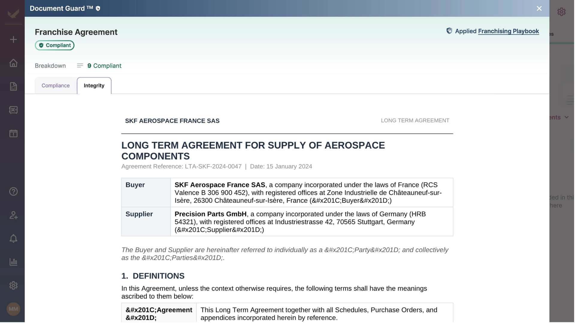 A screenshot of Lexagle's Document Guard interface confirming full compliance and integrity for a Long Term Agreement. The platform's dashboard displays a clean breakdown of compliant provisions, showcasing organized risk management for signed documents..