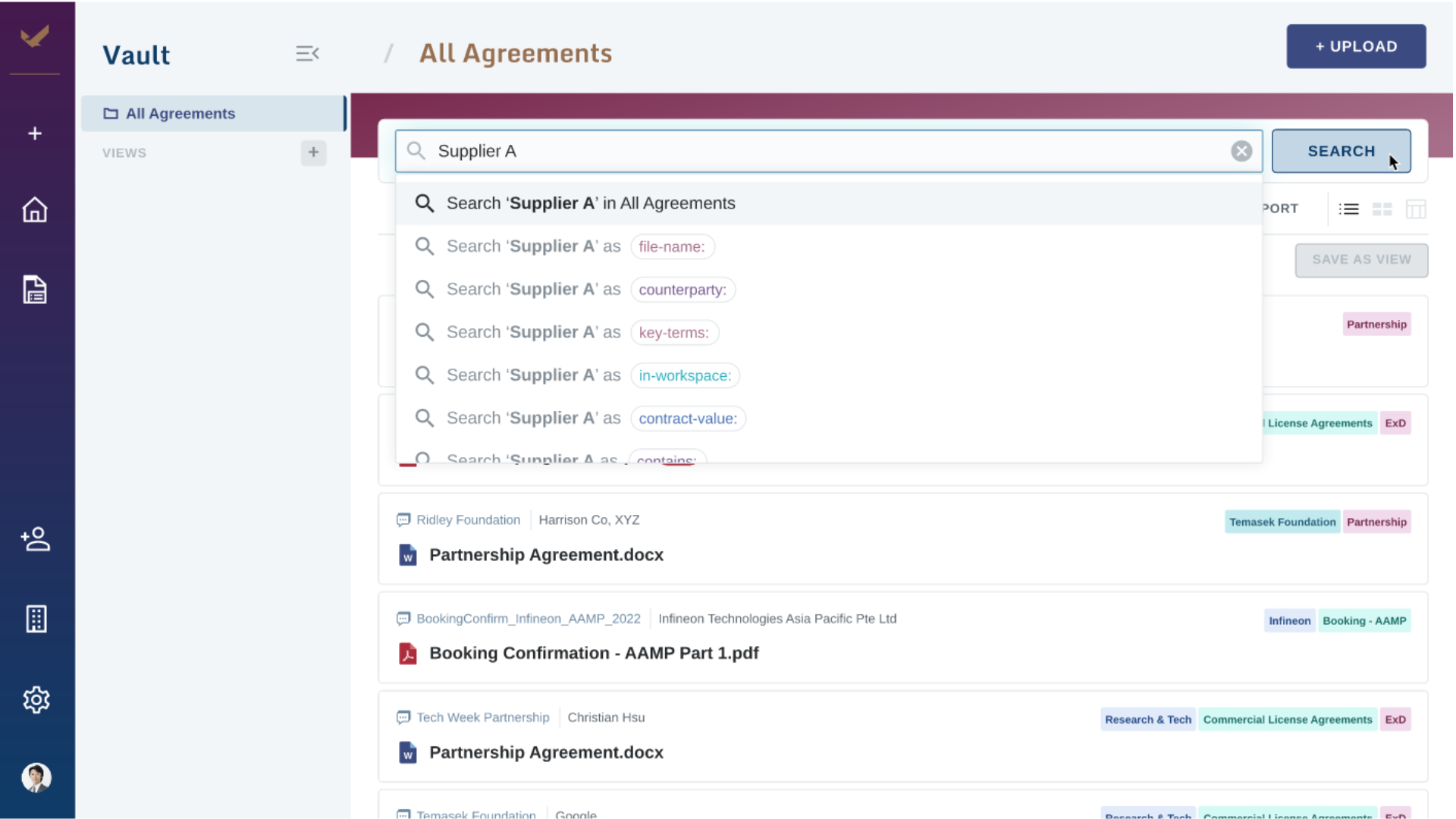 A screenshot of Lexagle's Vault interface showing a user typing into a search bar. A dropdown menu displays advanced filter options like counterparty and key terms, allowing teams to instantly retrieve original agreements from a centralized repository.