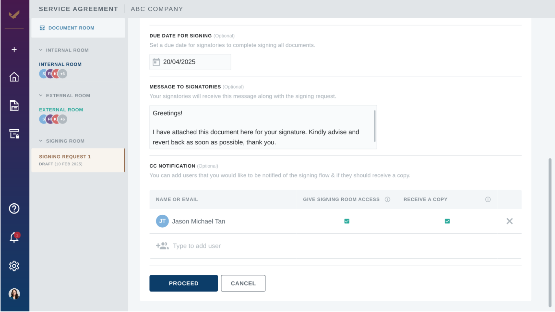 A screenshot of Lexagle's Signing Room interface showing a document signature setup. The dashboard includes configuration options for a signing due date, a message field for signatories, and access control settings for adding legal signers to the agreement workflow