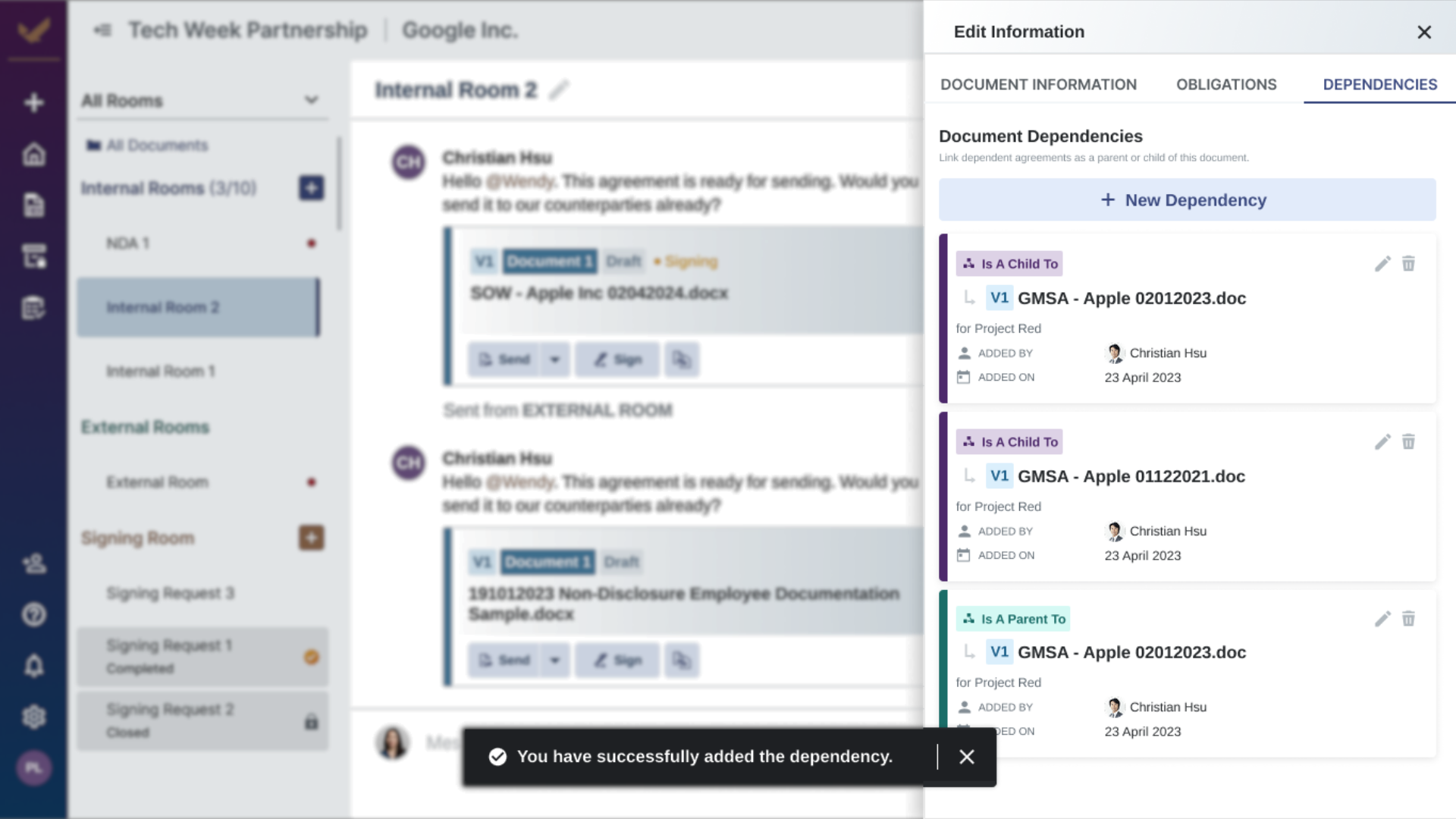 A screenshot of Lexagle's workspace showing an internal contract room alongside a Document Dependencies side panel. The panel maps related agreements like a statement of work as a child to a global master services agreement, with a confirmation banner stating 'You have successfully added the dependency.